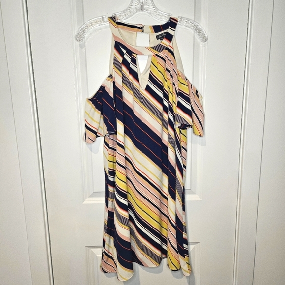 Lily Rose Blue Pink Butter Yellow Striped Cold Shoulder Keyhole 70s Dress Size L - Picture 1 of 11